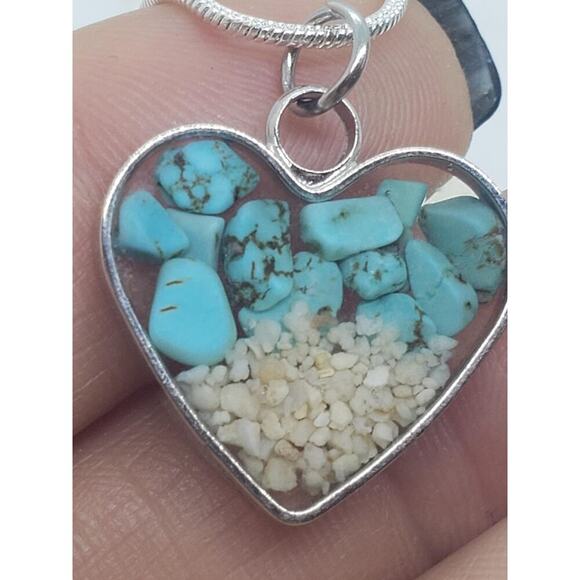 Vintage Jewelry - Heart Shaped Pendant Necklace Silver with Turquoise Chip & Beach Sand Inlay